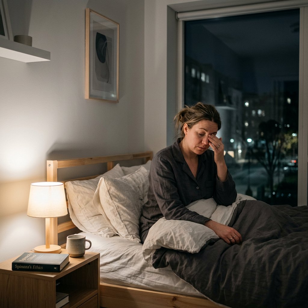 Tired adult sitting upright in bed in a softly lit modern bedroom at night, looking restless while city lights glow faintly through the window.