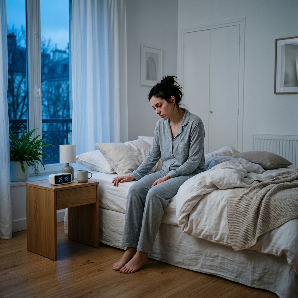 Sleepy adult sits on the edge of a neatly made bed at dawn, checking an alarm clock as cool morning light enters a calm European bedroom.