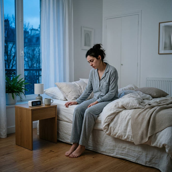 Sleepy adult sits on the edge of a neatly made bed at dawn, checking an alarm clock as cool morning light enters a calm European bedroom.