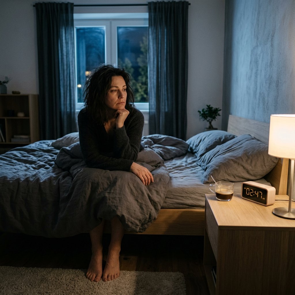 Half-full coffee cup on a bedside table beside a glowing alarm clock, with a restless adult sitting on the edge of a neatly made bed at night.