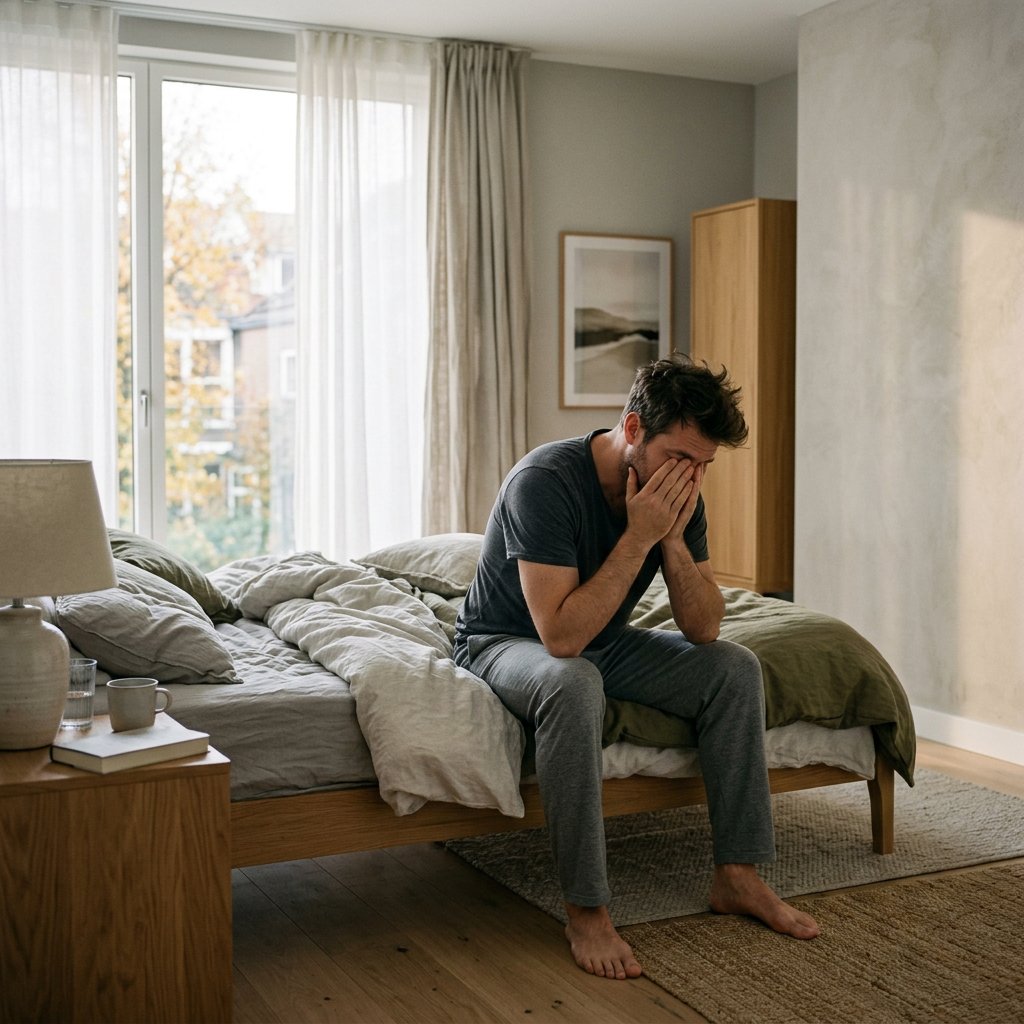 Tired adult sitting on the edge of an unmade bed in a bright European bedroom, rubbing their face as soft morning light falls through sheer curtains.
