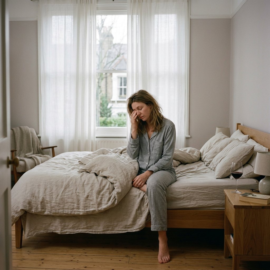 Tired adult sits on the edge of an unmade bed beside a half-full wine glass on the nightstand, in soft morning light filtering through curtains.