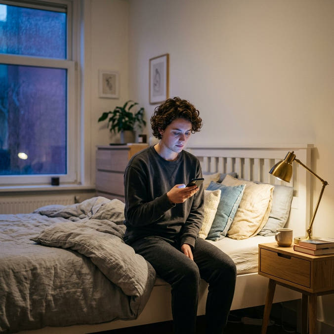 Young adult sitting on the edge of a neatly made bed at night, face lit by a smartphone in a calm modern European bedroom.