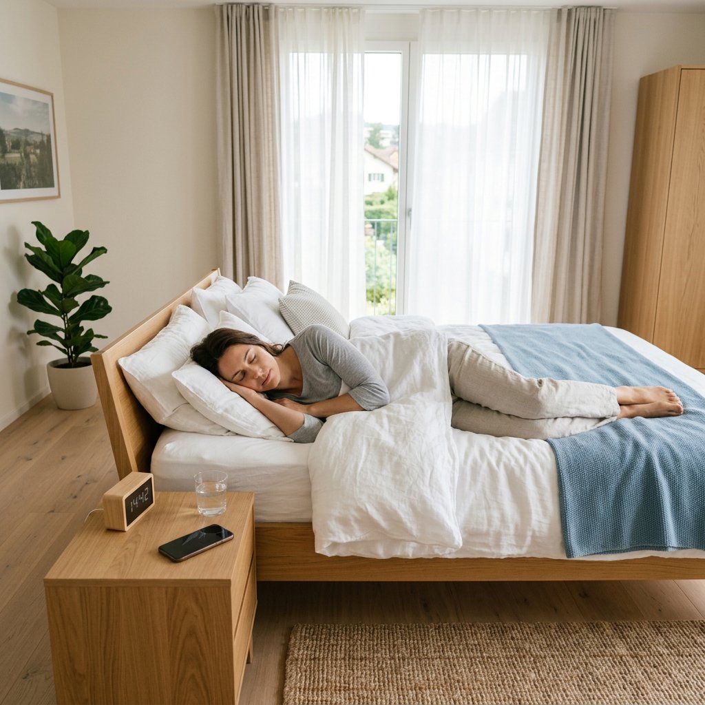 Adult resting on a neatly made bed in a bright European bedroom, soft daylight on white bedding, phone and clock nearby suggesting a short nap.